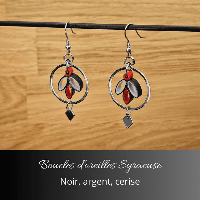 Boucles d'oreilles Syracuse - Noir, argent, cerise