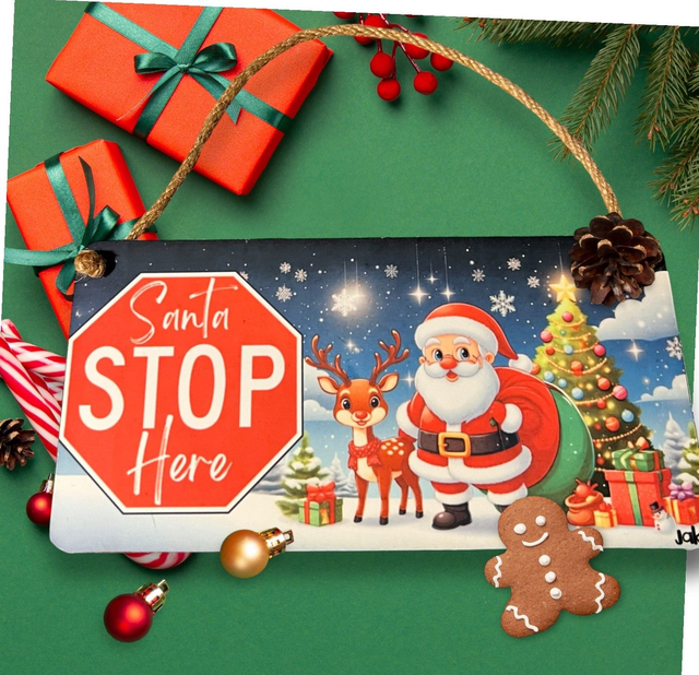 Santa Stop Here Hanging Wooden Sign