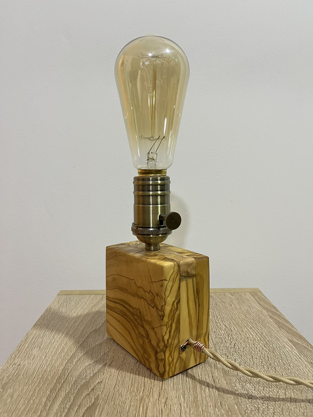 Natural Olive Wood Table Lamp Block Base Handmade with Edison Bulb included.