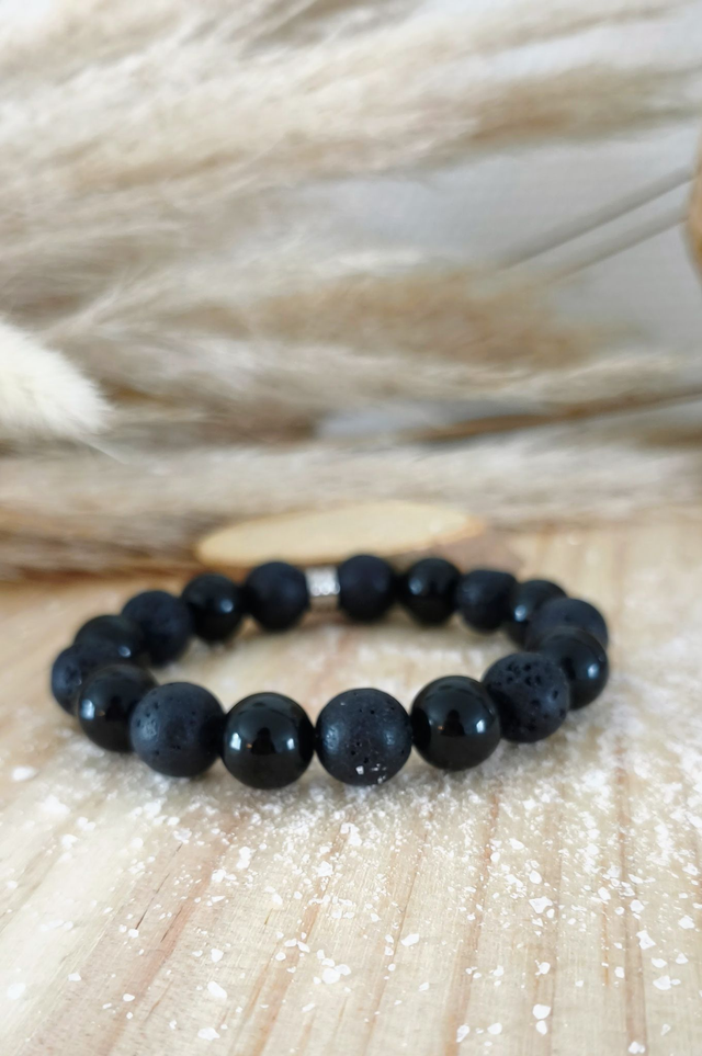 Bracelet "Force" Obsidienne et Pierre de lave