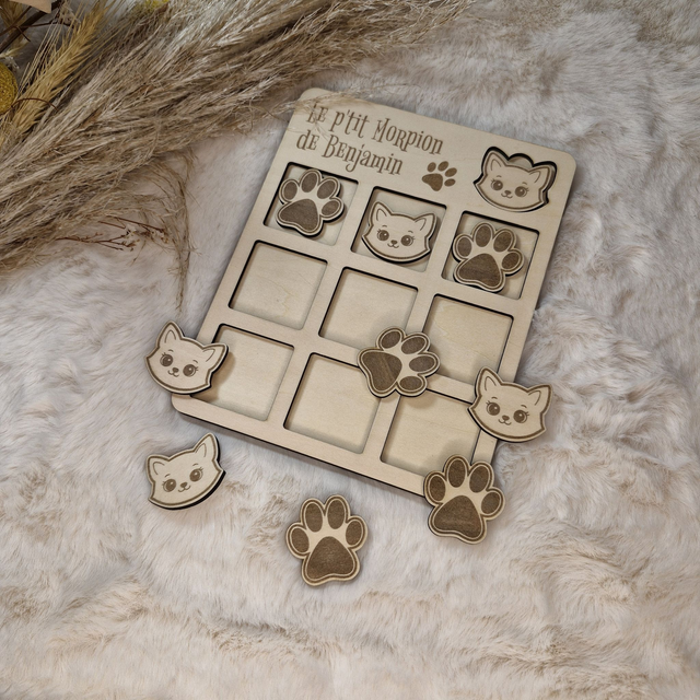 Jeu de morpion Tic Tac Toe pour enfant en bois gravé - décor Chat