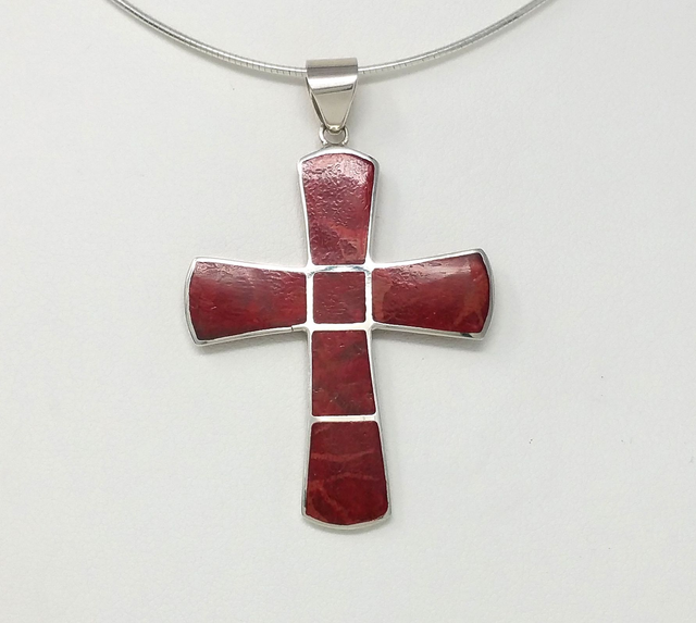 PENDENTIF CROIX DE CORAIL EN ARGENT MASSIF - VENDU SANS CHAINE - 3007