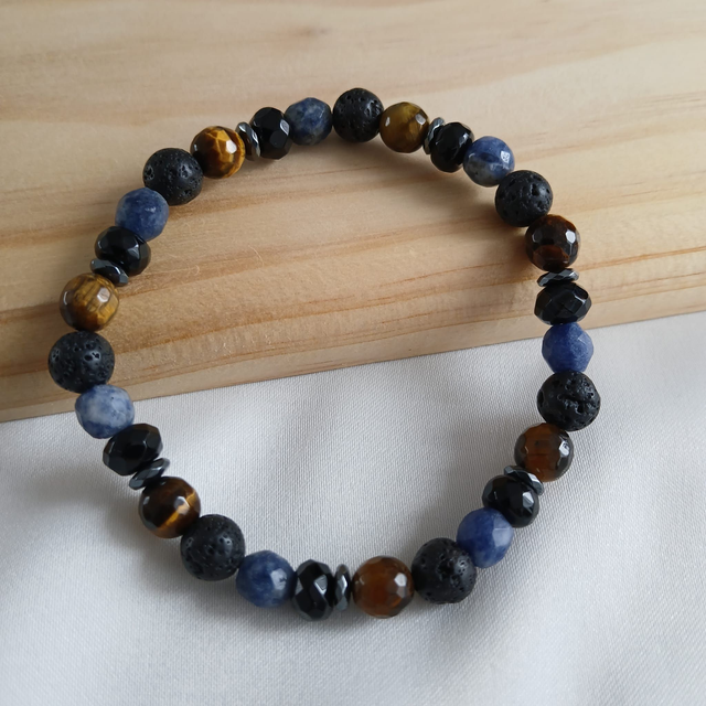 Heren armband Tijgeroog, Sodaliet, Lavasteen en Onyx – elastisch – 19 cm (2.062)