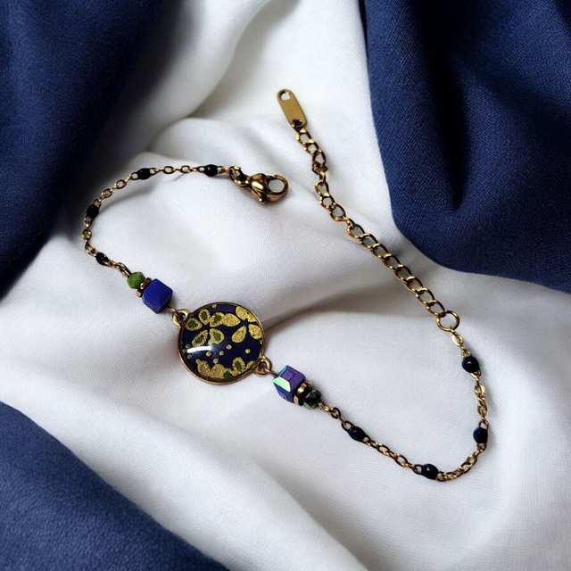 bracelet acier inoxydable motifs japonais bleu foncé et doré