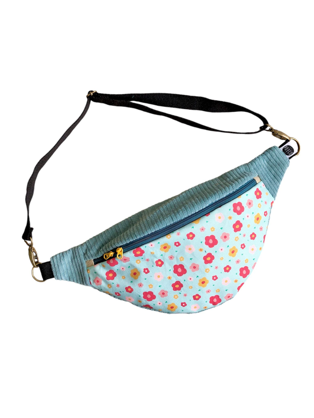 Sac Banane velours côtelé  - FLEURS - vert clair