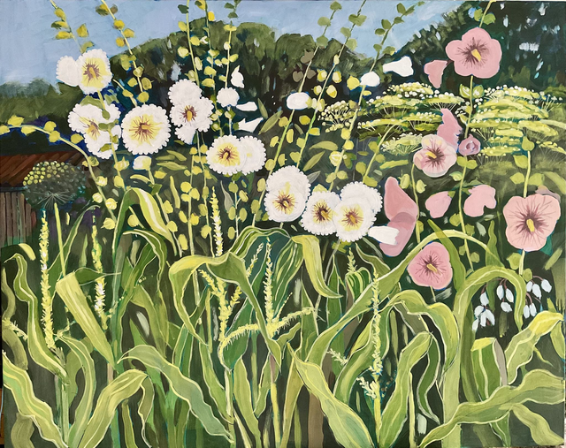 Hollyhocks and sweetcorn