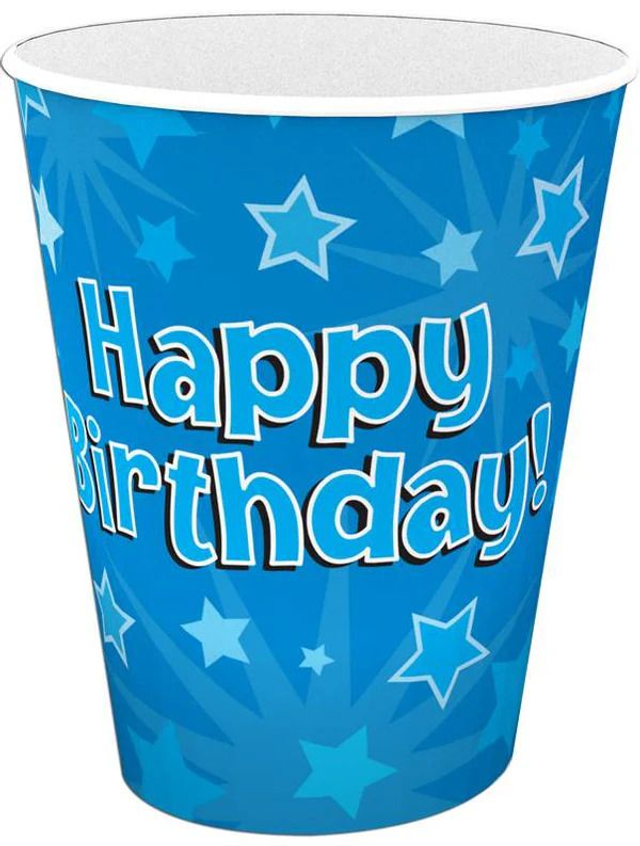 CUPS: HAPPY BIRTHDAY BLUE 9OZ/266ML CUPS (8 PER PACK)