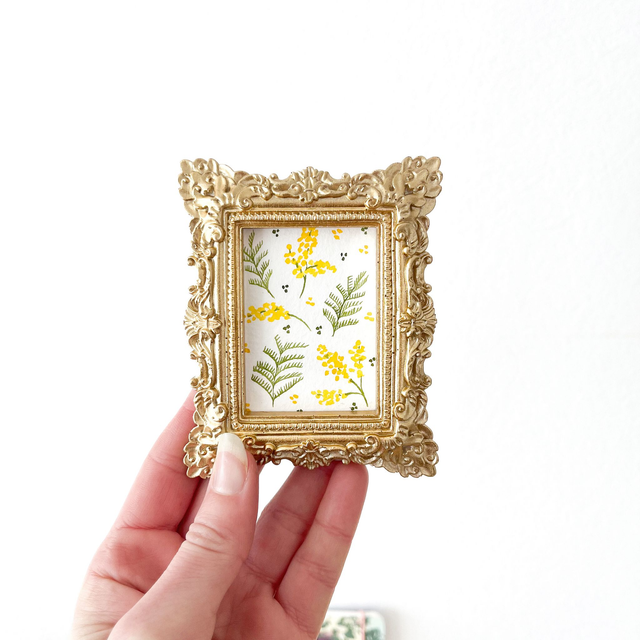 Aquarelle originale - Cadre doré miniature Mimosa 