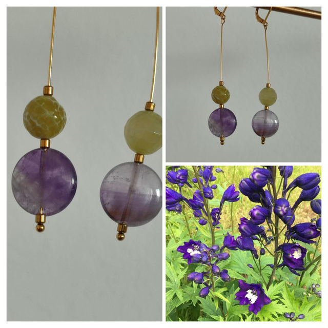 Z-Boucles d&#039;oreilles en jade &amp; améthyste ( pierres naturelles) acier inoxydable doré -sans nickel, pièce unique 