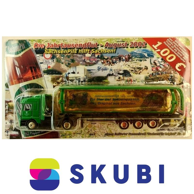 Reklamní kamion Mercedes Actros s průhlednou cisternou s kapalinou - SachsenPils - model 1:87 H0