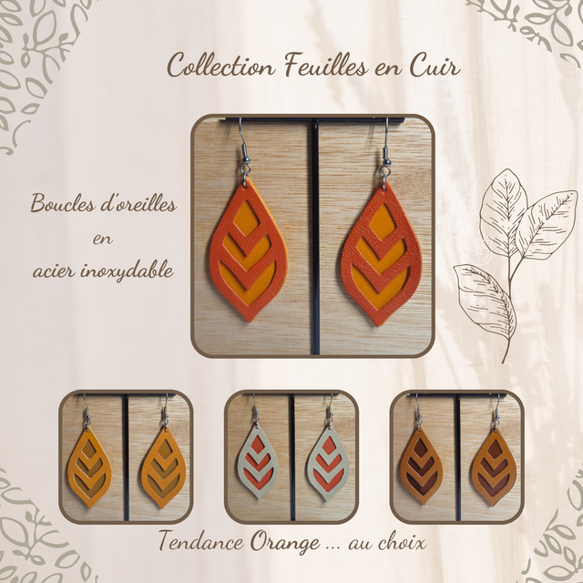Boucles d&#039;oreilles en cuir  - Feuilles, tendance Orange ... 