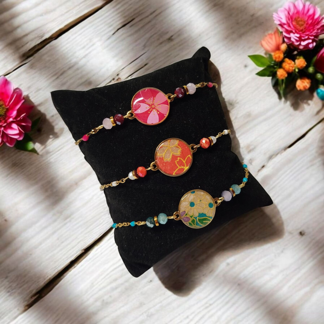 bracelet acier inoxydable motifs japonais bleu beige et doré