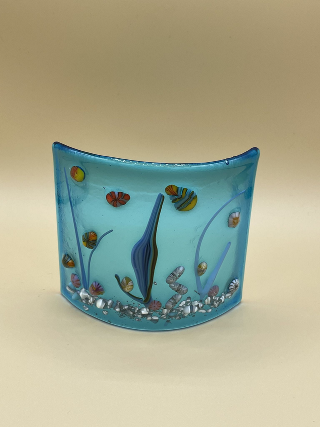 Underwater Tropical Fish Fused Glass Curve on Turquoise