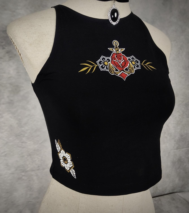 T-Shirt Cropped &quot;Ancre et Fleurs&quot;