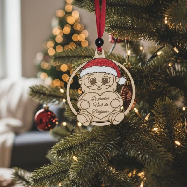Boule de Noël en bois personnalisée - premier Noël, cadeau de naissance avec prénom, déco Père Noël