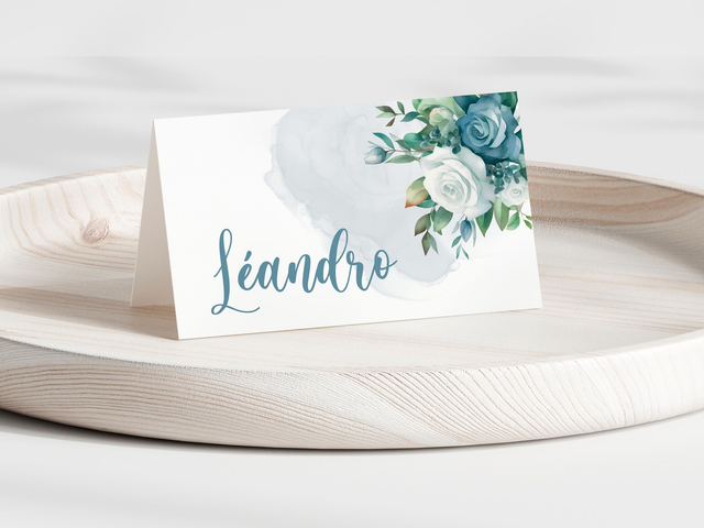 Marque place Baptême Fleurs &amp; Blush bleu