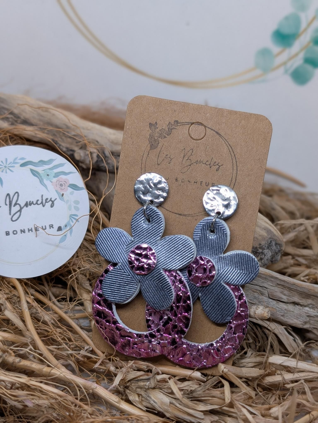 Boucles d&#039;oreilles baby Marguerite gris rose bm1128