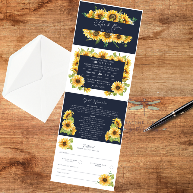 Sunflowers and navy design - concertina Wedding invitations - including guest information &amp; RSVP
