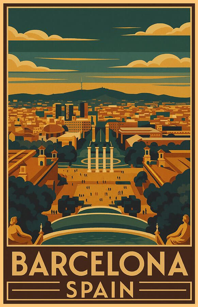 Póster vintage con gran vista de la Plaza de España, Barcelona y el paisaje de Montjuic