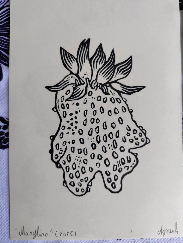 impression linogravure fraises étranges "fraise debout impression noire "10X14.5 cm