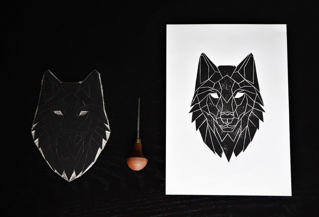 Linogravure A4 Loup Géométrique