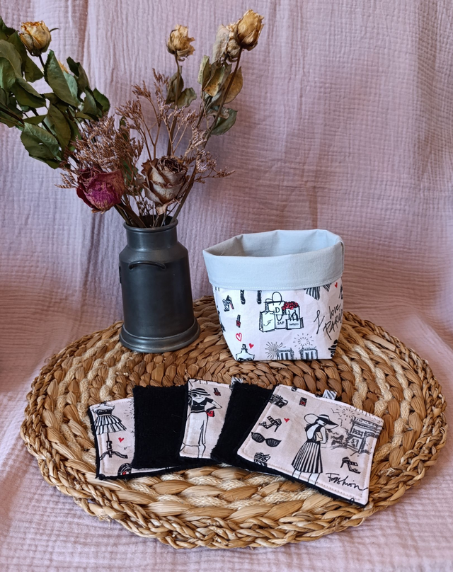 Panière + 5 Cotons Lavables Paris Rose