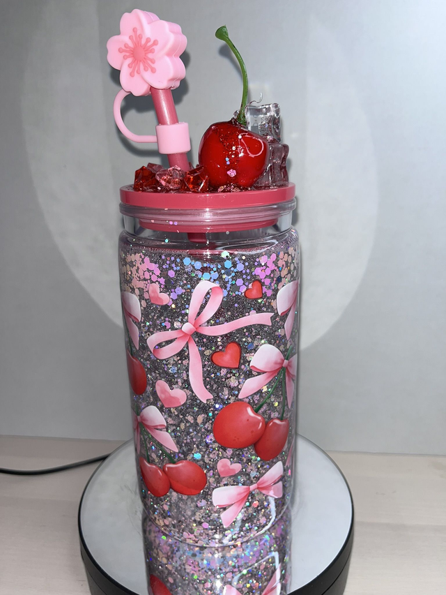 GOBELET CANETTE BOULE A PAILLETTES  DECOR CERISE 