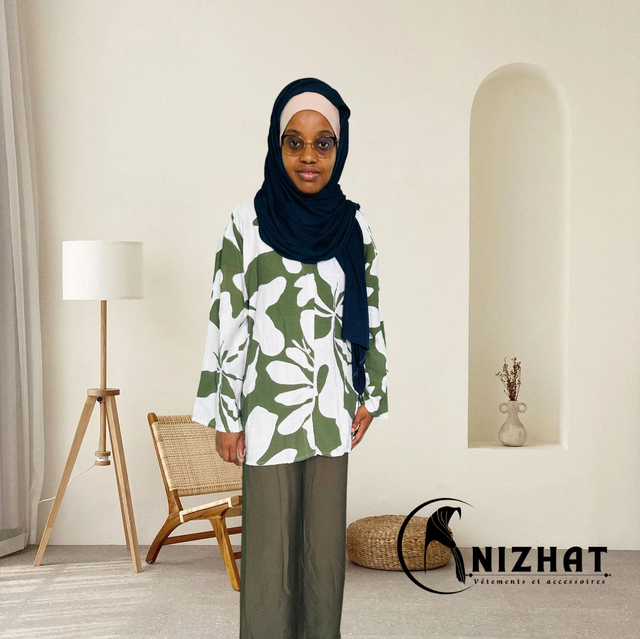 Ensemble chemise manches longues + pantalon imprimé vert claire et blanc 
