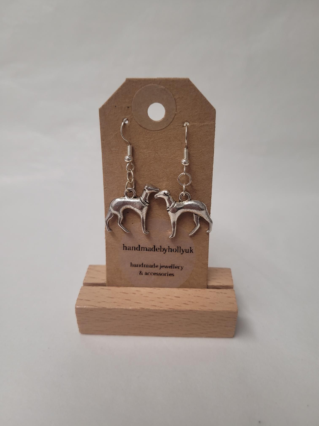 Greyhound Charm Drop Earrings - Silver Plated - HBH-026