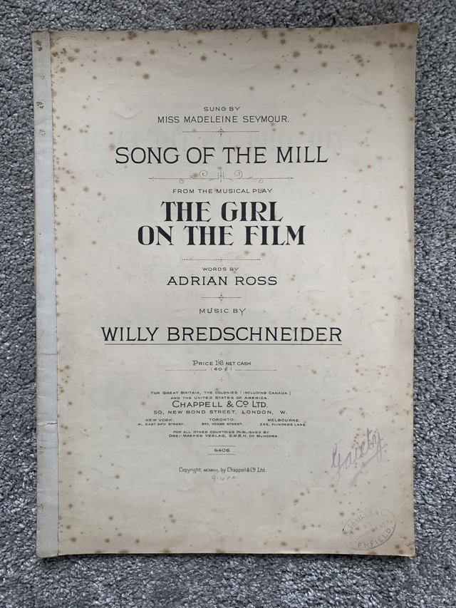 Song of the Mill Vintage Sheet Music from The Girl on the Film 