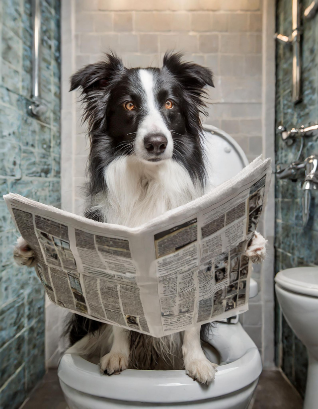 Border Collie on the Toilet Framed Canvas