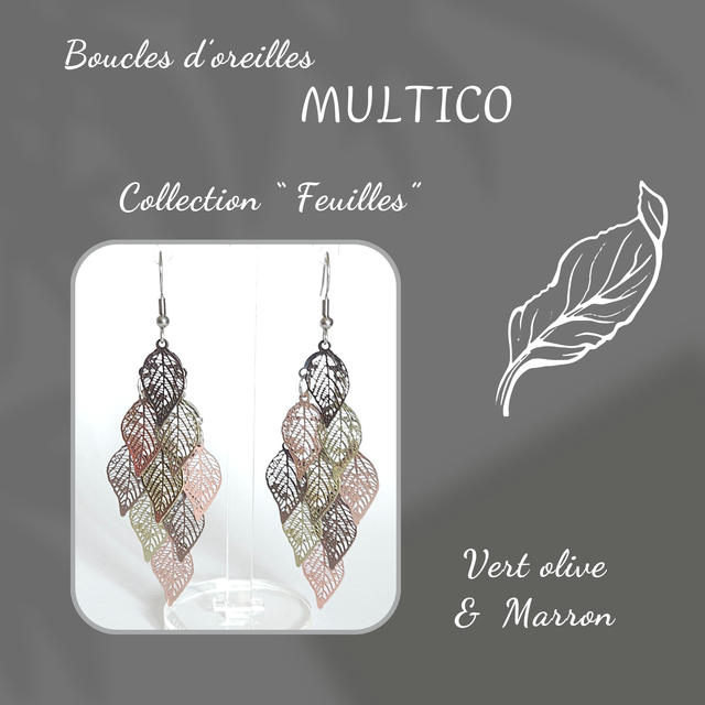 Boucles d&#039;oreilles MULTICO - Collection Feuilles - Vert olive et Marron