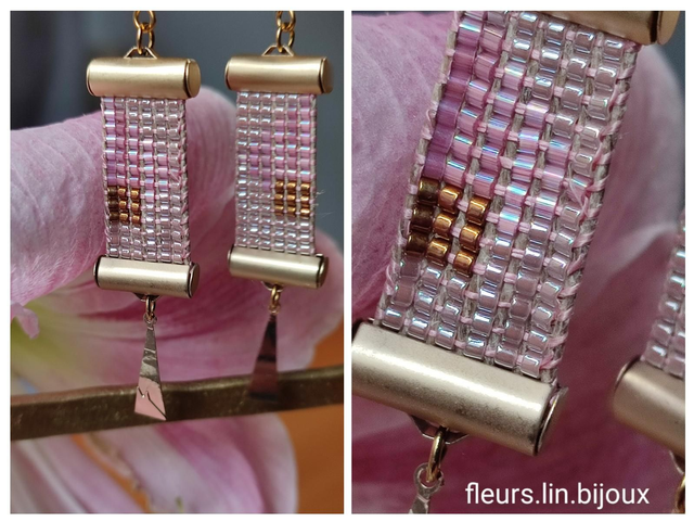 Boucles d&#039;oreilles tissées main (rose cuivre)sur fil de lin avec pendentif doré en laiton -sans nickel -