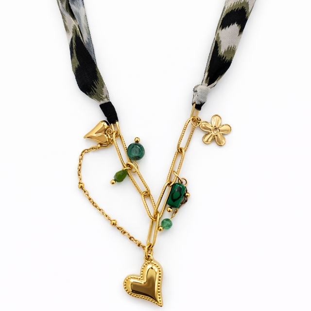 Collar acero dorado y lazo verde 