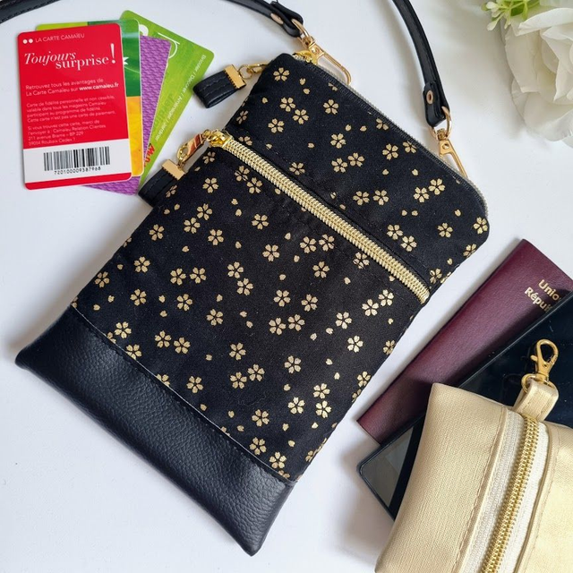 Mini-sac pour téléphone "Sakura" noir doré & simili cuir noir