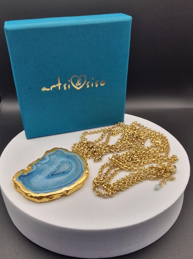 Statement Piece Large Blue Agate Slice Necklace 