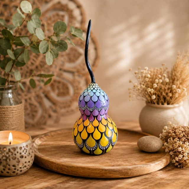 Calebasse naturelle décorative – Mandala multicolore peint à la main