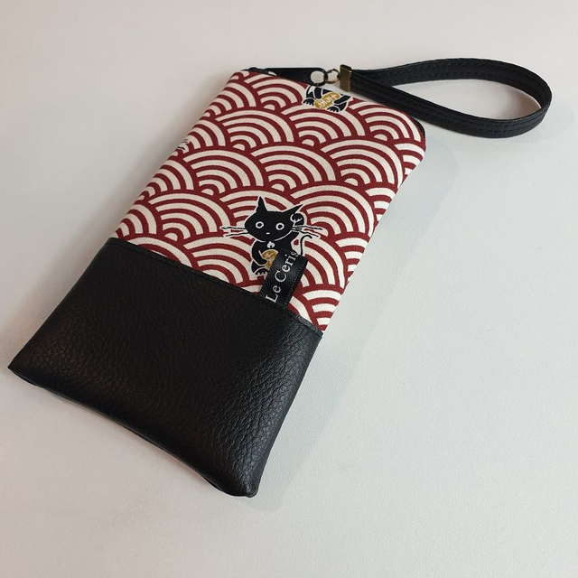 Etui zippé pour smartphone "Maneki" rouge & simili cuir noir