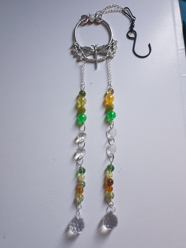 Suncatcher  - Dragonfly 2 Strand Green &amp; Yellow Beads 