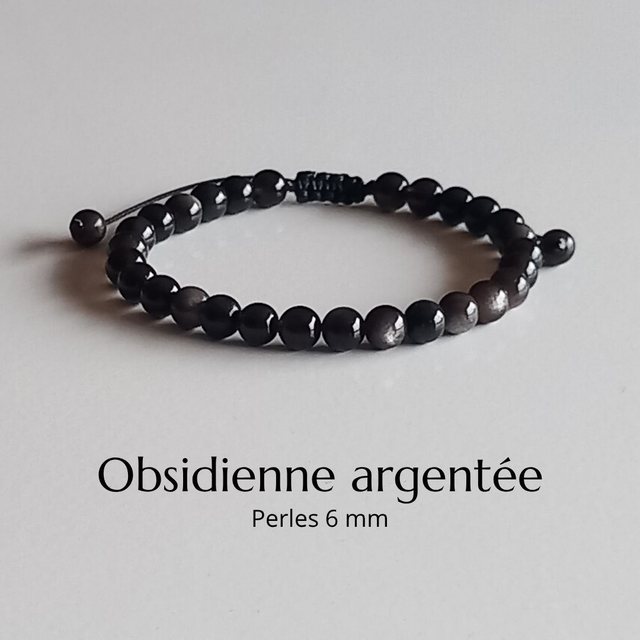 Bracelet ajustable en Obsidienne argentée