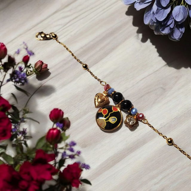 bracelet acier inoxydable motifs japonais noir rouge bleu et doré