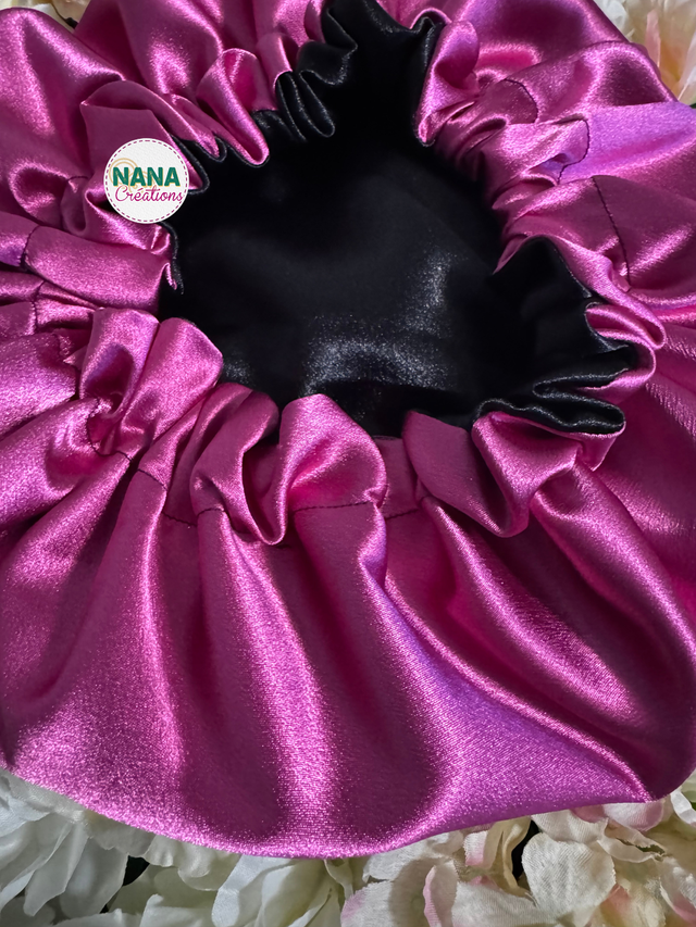 Pack Framboise - Bonnet satin réversible bicolore + 2 chouchous assortis | Fait main | Protection cheveux | Fuchsia et noir