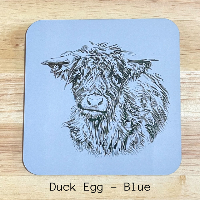 Highland Cow Coasters. Choice of colours with a glossy finish. The size is 9.8cm x 9.8cm x 0.4cm