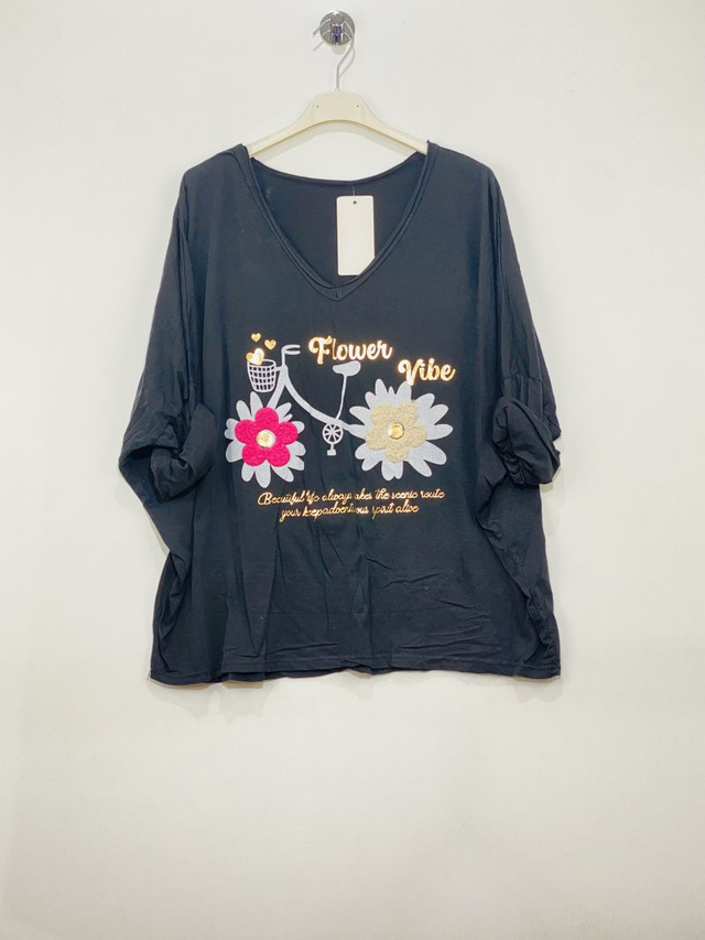 TEE SHIRT BICYCLE FLOWERS NOIR 