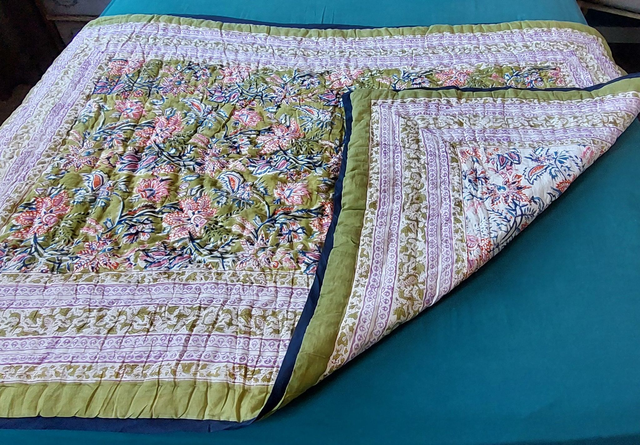 Édredon fait main en coton imprimé bloc - Plaid ou couvre-lit florale réversible - Vert, bleu, orange, rose, blanc