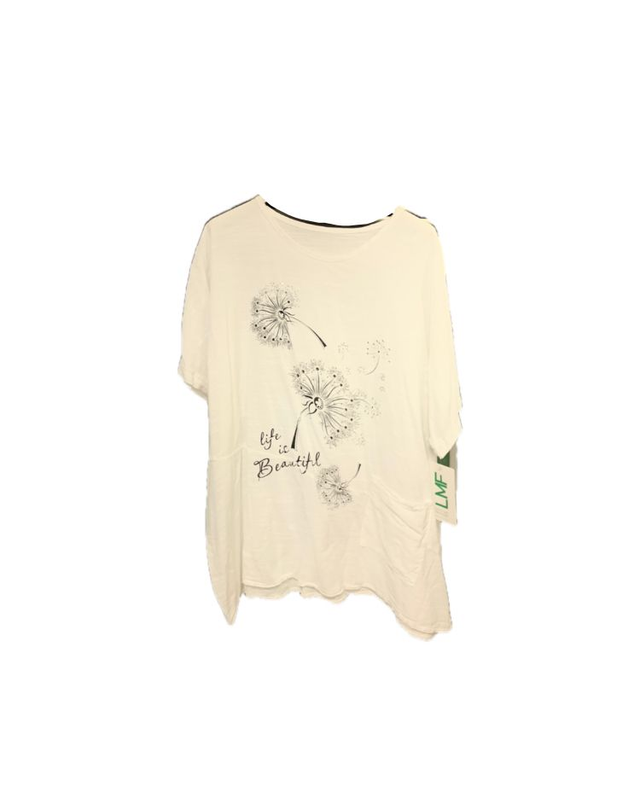 LMF - White Outsize Top with Dandelion Print and Life is Beautiful - 252