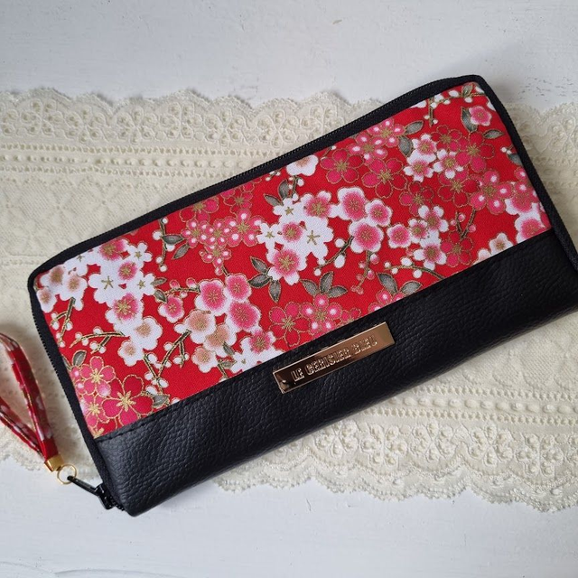 Portefeuille long zippé "Nina" rouge & simili cuir noir