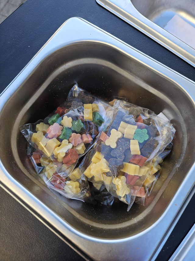 Pick n mix  sample mini bags cheese bones, fruit salad, ostrich