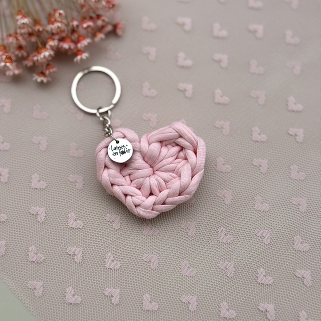 Porte-clés cœur rose pastel en coton recyclé