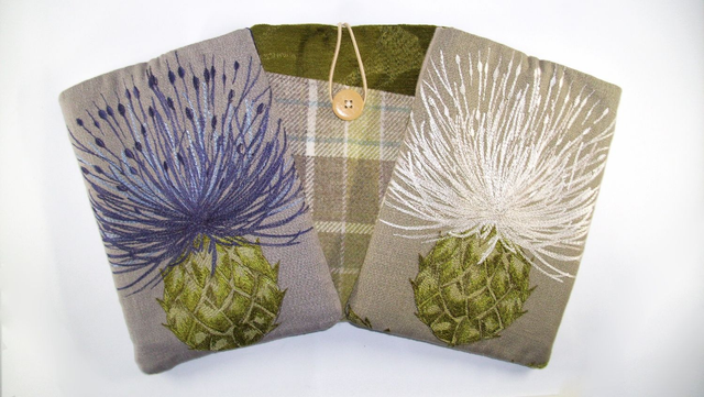 Scottish Thistle Book Protector Midi Size, Medium Embroidered Linen Foam Padded Book Sleeve with Pocket, Book Pouch, iPad sleeve